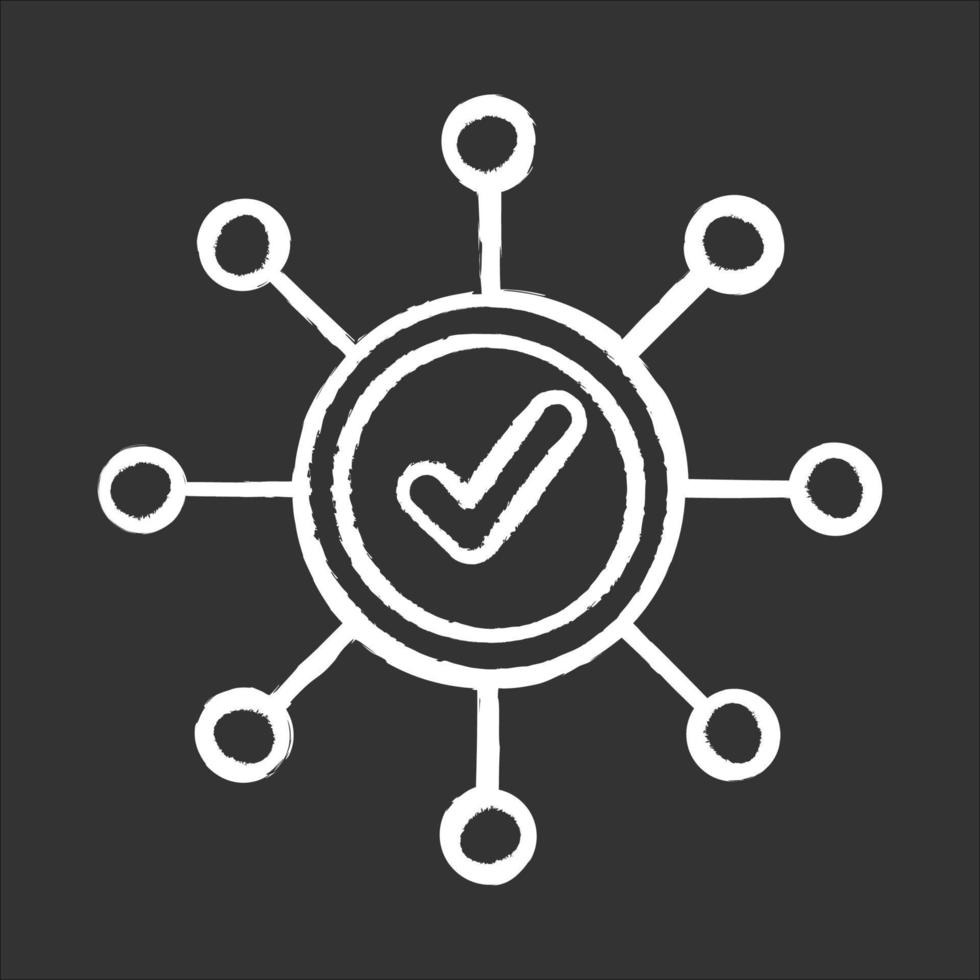 Umfrage-Markierungskreide-Symbol. richtige Antwort. rechtes Häkchen. genehmigen markieren, zustimmen ankreuzen. Diagramm verbreitet. ja zeichen. molekulares Struktursystem. Schema Organisation. isolierte vektortafelillustration vektor