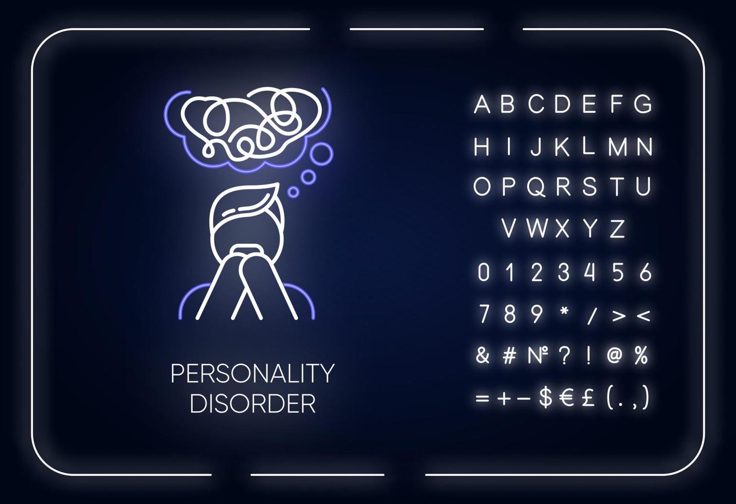 Persönlichkeitsstörung Neonlicht-Symbol. maladaptives Verhalten. Abweichung. Problem der psychischen Gesundheit. Angst und Not. leuchtendes Schild mit Alphabet, Zahlen und Symbolen. isolierte Vektorgrafik vektor