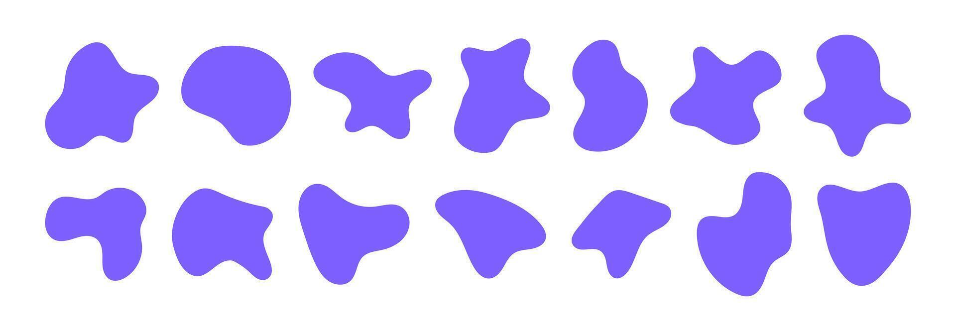 organisch Klecks Formen. irregulär Formen. asymmetrisch fließend Flüssigkeit Kreise. glatt Silhouette Steine. lila Sammlung von isoliert Vektor Elemente auf Weiß Hintergrund.