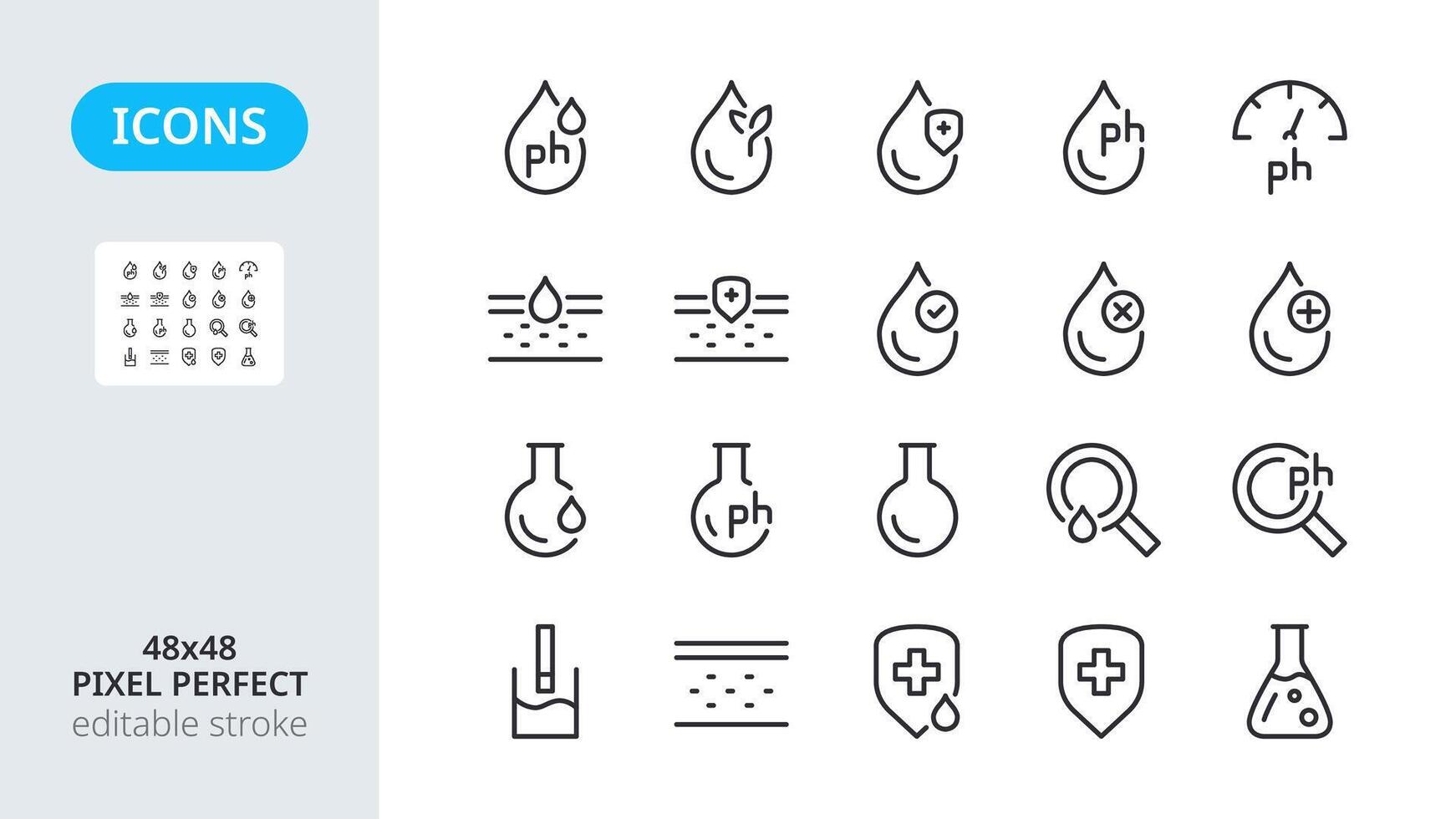 vatten balans ikoner. testa för mätning ph. paraben fri. säker för hud. hypoallergen organisk produkt. uppsättning linje ikoner på vit isolerat bakgrund. pixel perfekt, redigerbar stroke. vektor