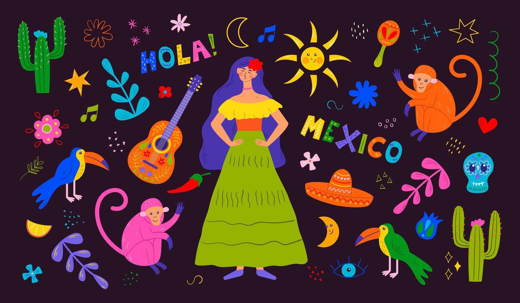 Mexikaner Urlaub, Party. cinco de Mayonnaise. Vektor Illustration einstellen mit traditionell Symbole von Kaktus, Schädel, Gitarre, Tiere und Blumen
