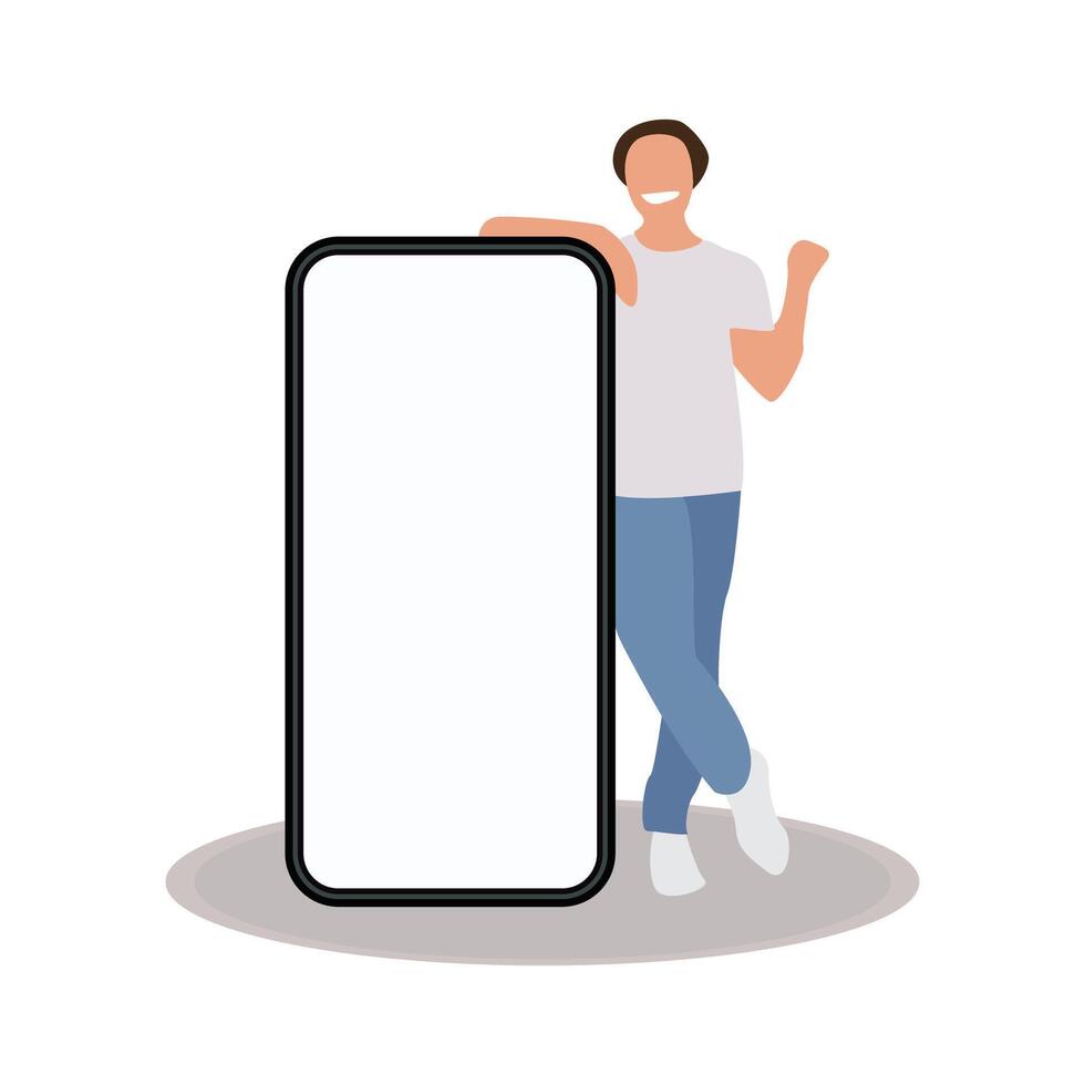Lycklig leende man stående med telefon platt Färg vektor