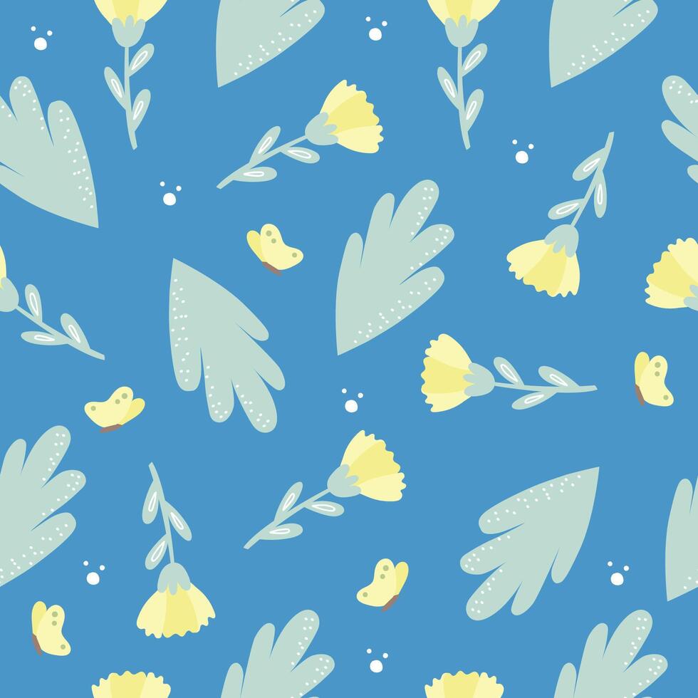 Vektor Blumen- Muster im Gekritzel Stil mit Gelb Blumen und Schmetterlinge. empfindlich, Frühling Blumen- Blau Hintergrund.