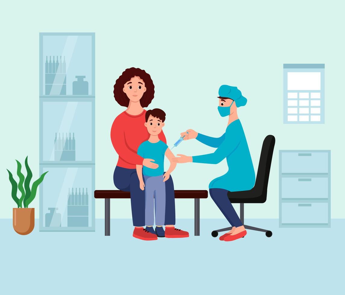 pojke med hans mor på en läkares utnämning är vaccinerade. de läkare gör en spruta injektion. de vaccin - vektor illustration på vit bakgrund