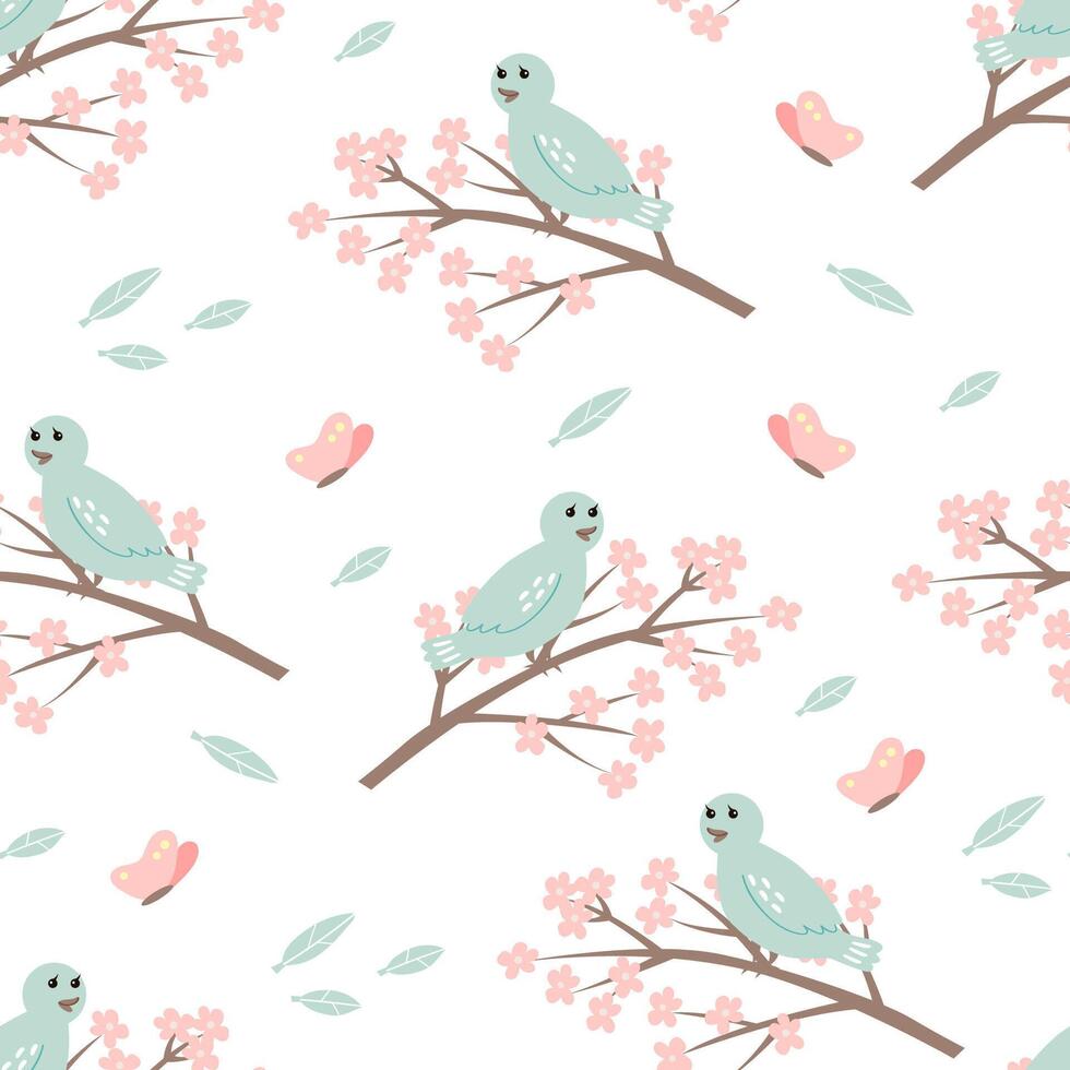 Vektor Muster im Gekritzel Stil mit Vögel und Kirsche blühen Geäst. empfindlich, Frühling Blumen- Hintergrund.