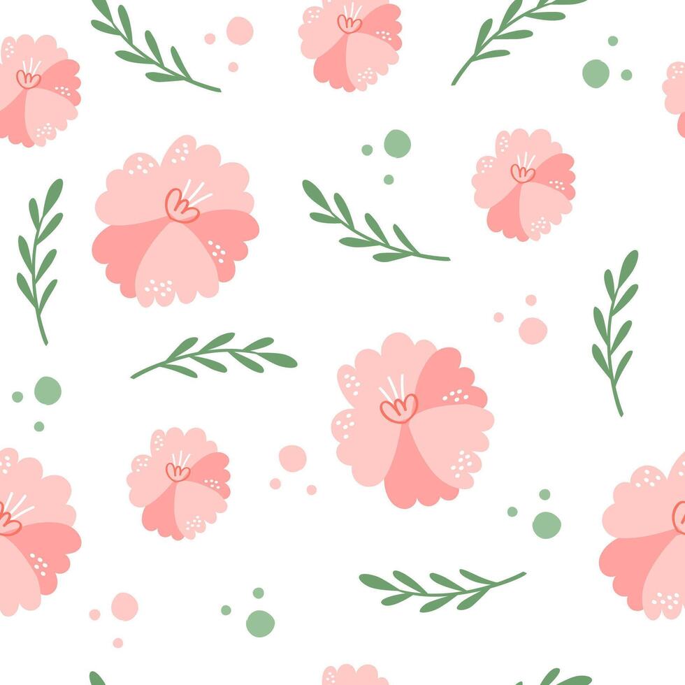 Vektor Blumen- Muster im Gekritzel Stil mit Rosa Blumen und Blätter. empfindlich, Frühling Blumen- Hintergrund.