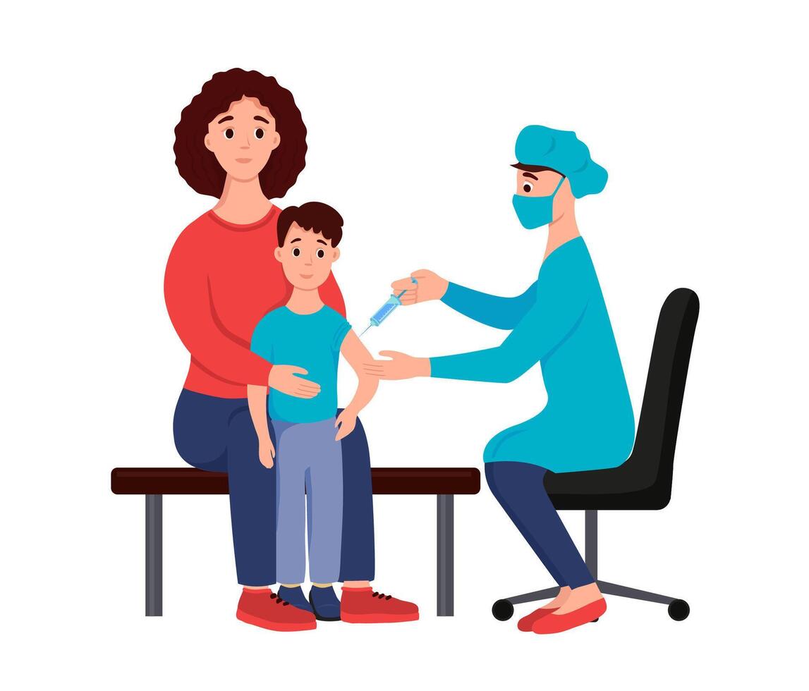 Junge mit seine Mutter beim ein Arzt geplanter Termin ist geimpft. das Arzt macht ein Spritze Injektion. das Impfstoff - - Vektor Illustration auf Weiß Hintergrund.