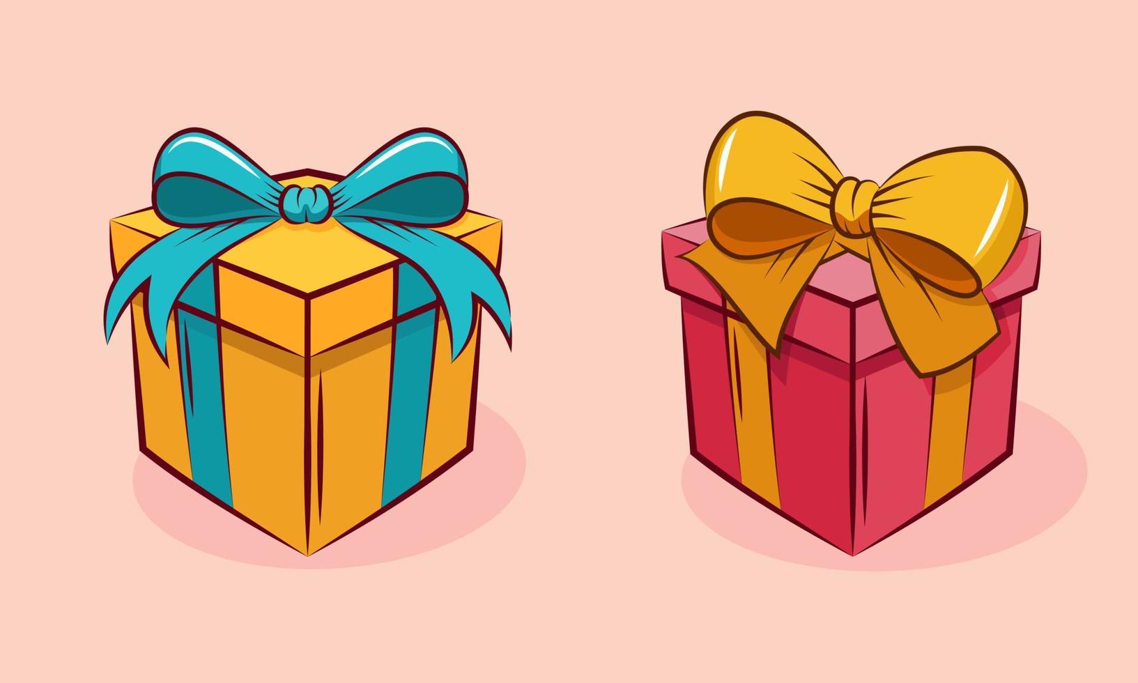 flache Vektorillustration der Geschenkbox im Cartoon-Stil. Paketkasten mit buntem Band. geeignet für Gestaltungselement der Feier, frohe Feiertage und Weihnachten und Geburtstagsfeier. vektor