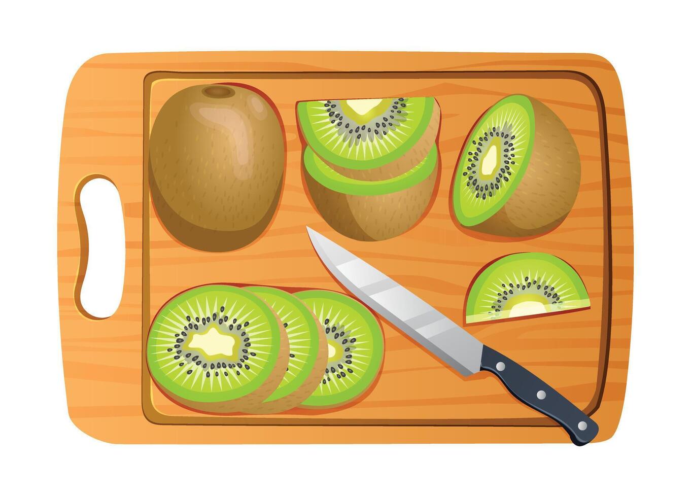 geschnitten Kiwi Früchte mit Messer auf Schneiden Tafel. Vektor Illustration isoliert auf Weiß Hintergrund