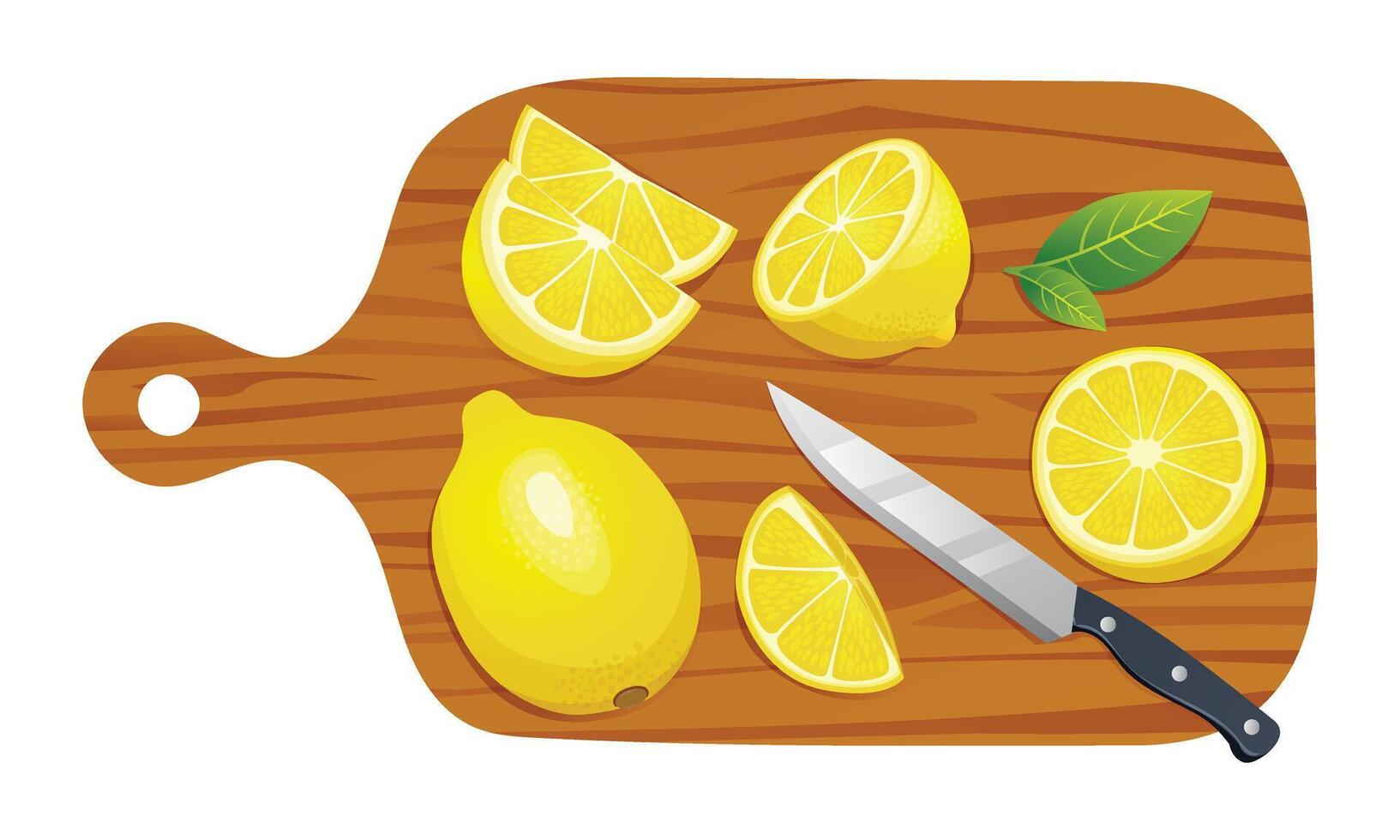 färsk hela, halv och skära skivor citron- med kniv på skärande styrelse. vektor illustration