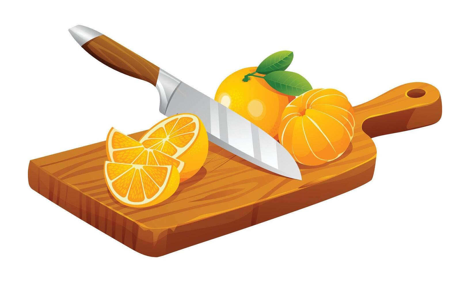 skivad och skalad orange frukt med kniv på trä- skärande styrelse. vektor illustration isolerat på vit bakgrund