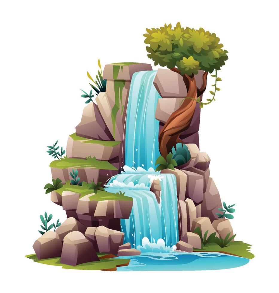 Kaskade Wasserfall Karikatur Vektor Illustration isoliert auf Weiß Hintergrund