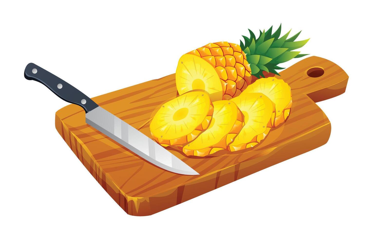 geschnitten Ananas mit Messer auf hölzern Schneiden Tafel. Vektor Karikatur Illustration