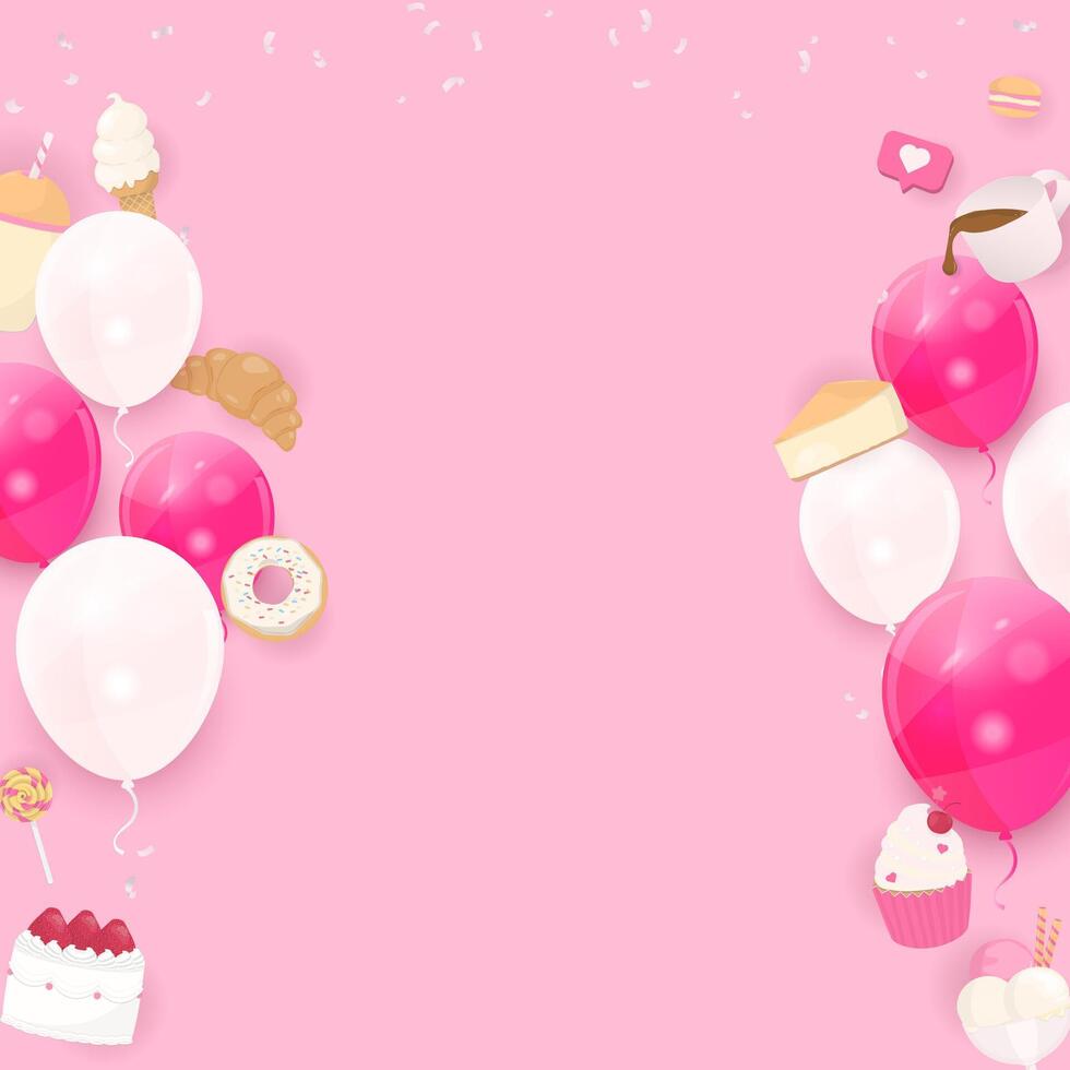 efterrätt och helium ballonger på rosa bakgrund vektor