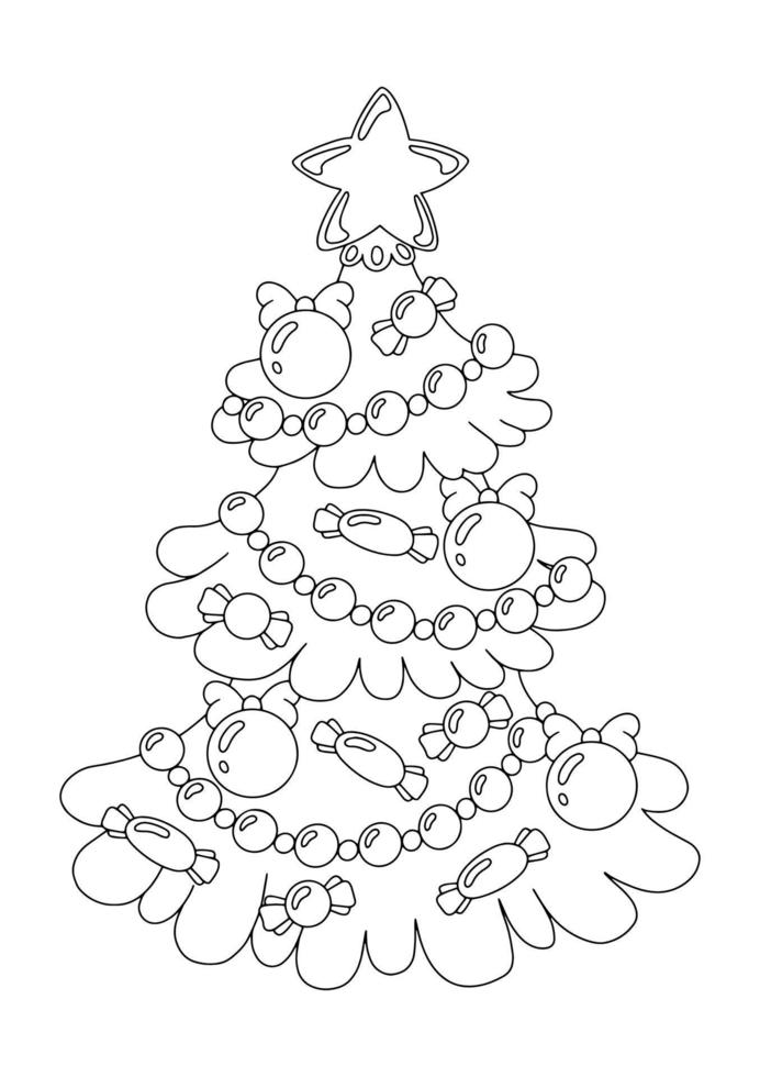 geschmückter Weihnachtsbaum. Malbuchseite für Kinder. Zeichentrickfigur. Vektor-Illustration isoliert auf weißem Hintergrund. vektor