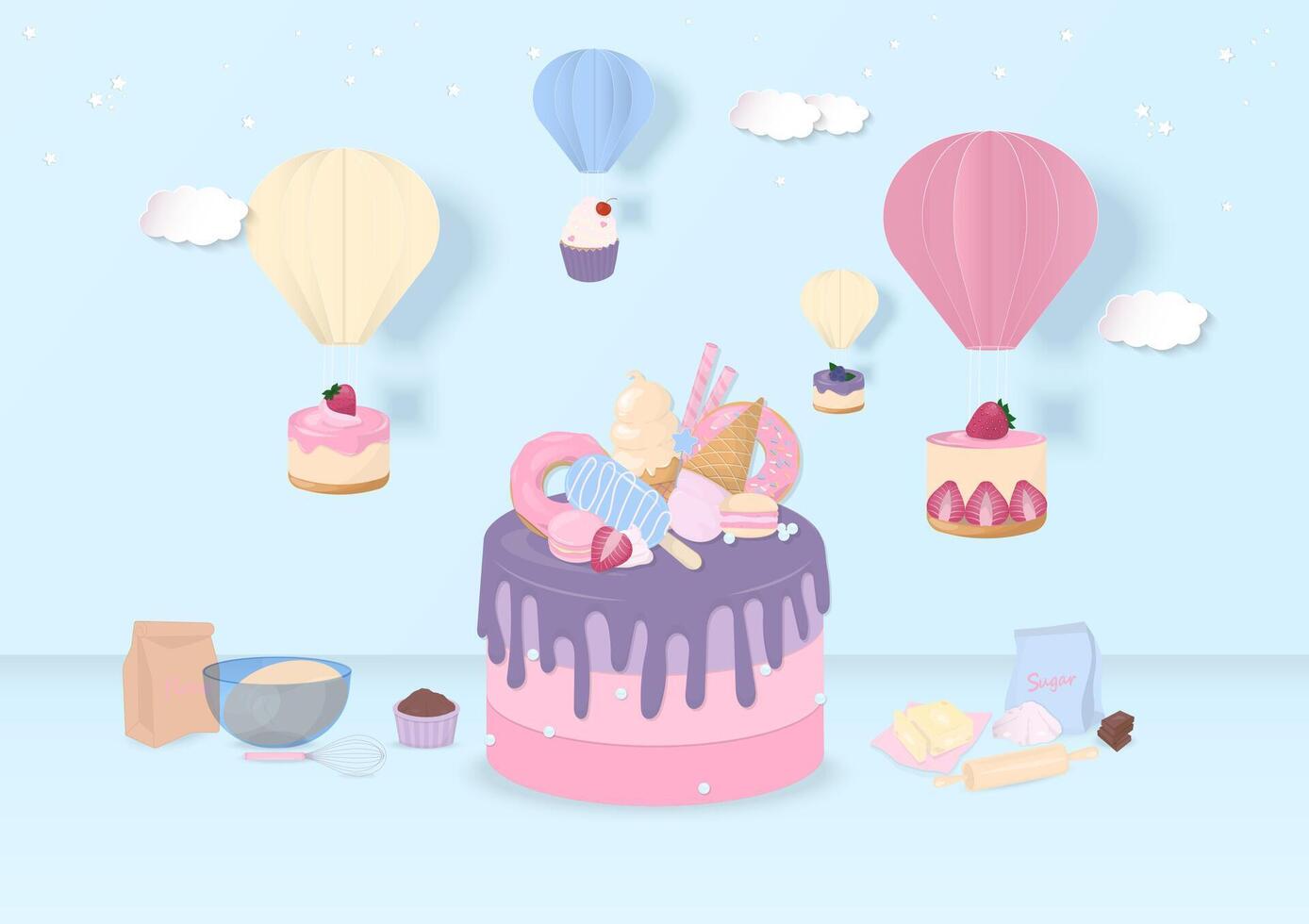 Pastell- Kuchen und Dessert mit Luftballons vektor