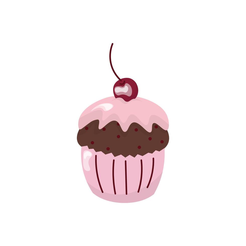 Vektor Karikatur Stil Clip Art von Süss Cupcake mit Kirsche. Muffin isoliert auf Weiß Hintergrund. Lager Vektor Illustration.