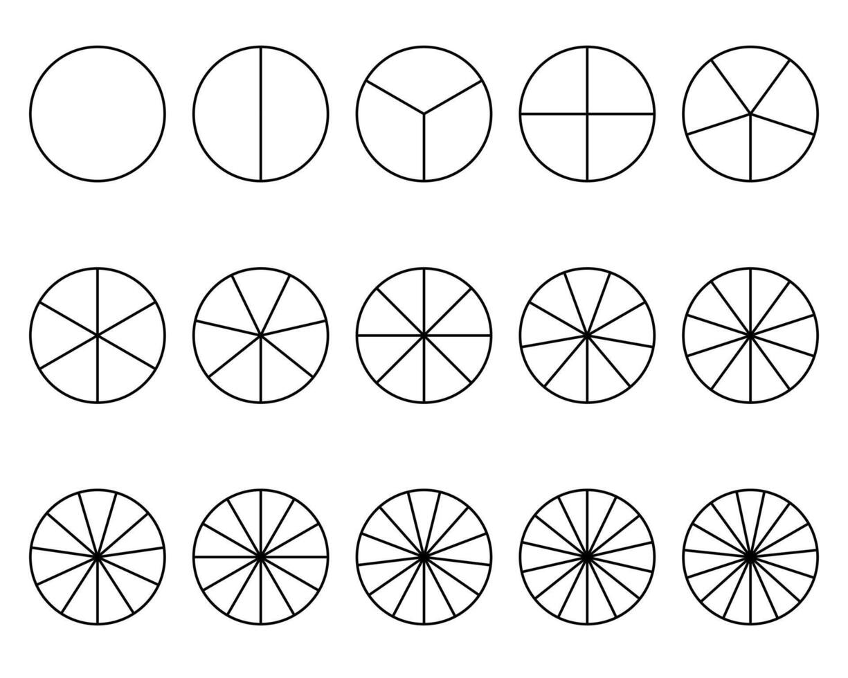 Kreise geteilt in Segmente von 1 zu 15. Segmente Infografik. Vektor Illustration.