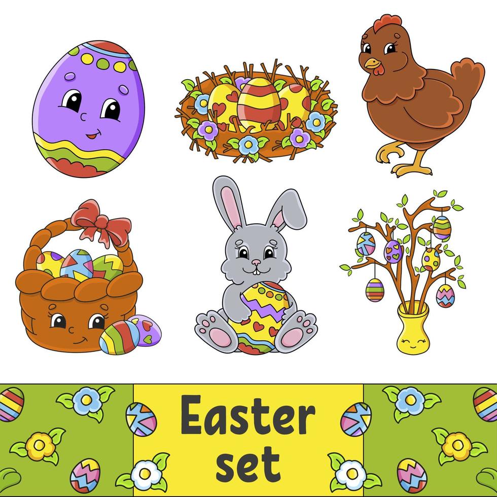 Satz niedlicher Zeichentrickfiguren. Ostern Clipart. handgemalt. bunte Packung. Vektorillustration. Sammlung von Patch-Abzeichen. Etikettengestaltungselemente. für Tagesplaner, Tagebuch, Veranstalter. vektor