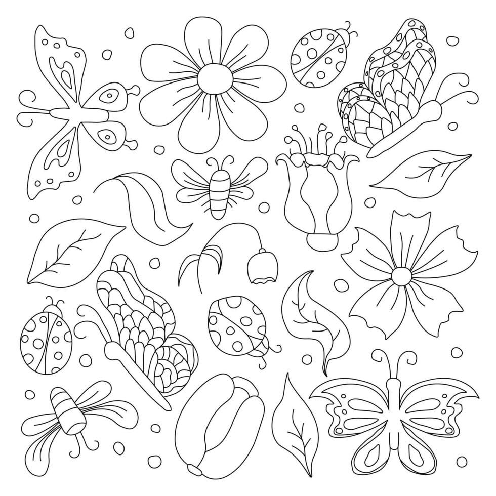 Frühling Blumen- Illustration mit Blumen, Schmetterlinge, Bienen und Marienkäfer. Gekritzel Blumen Hintergrund vektor