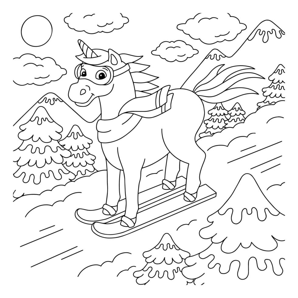 Das Einhorn fährt Ski. Malbuchseite für Kinder. Zeichentrickfigur. Vektor-Illustration isoliert auf weißem Hintergrund. vektor