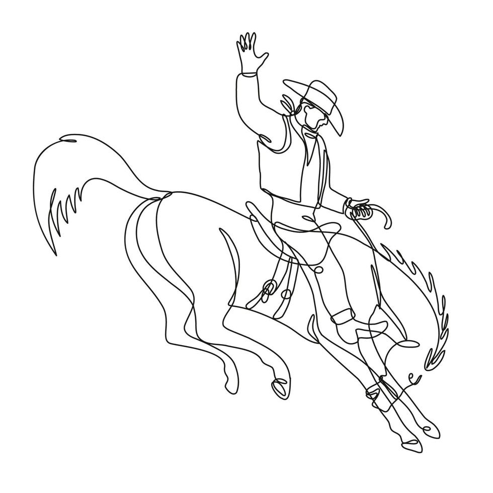 rodeo cowboy rider en bucking bronco kontinuerlig linjeteckning vektor