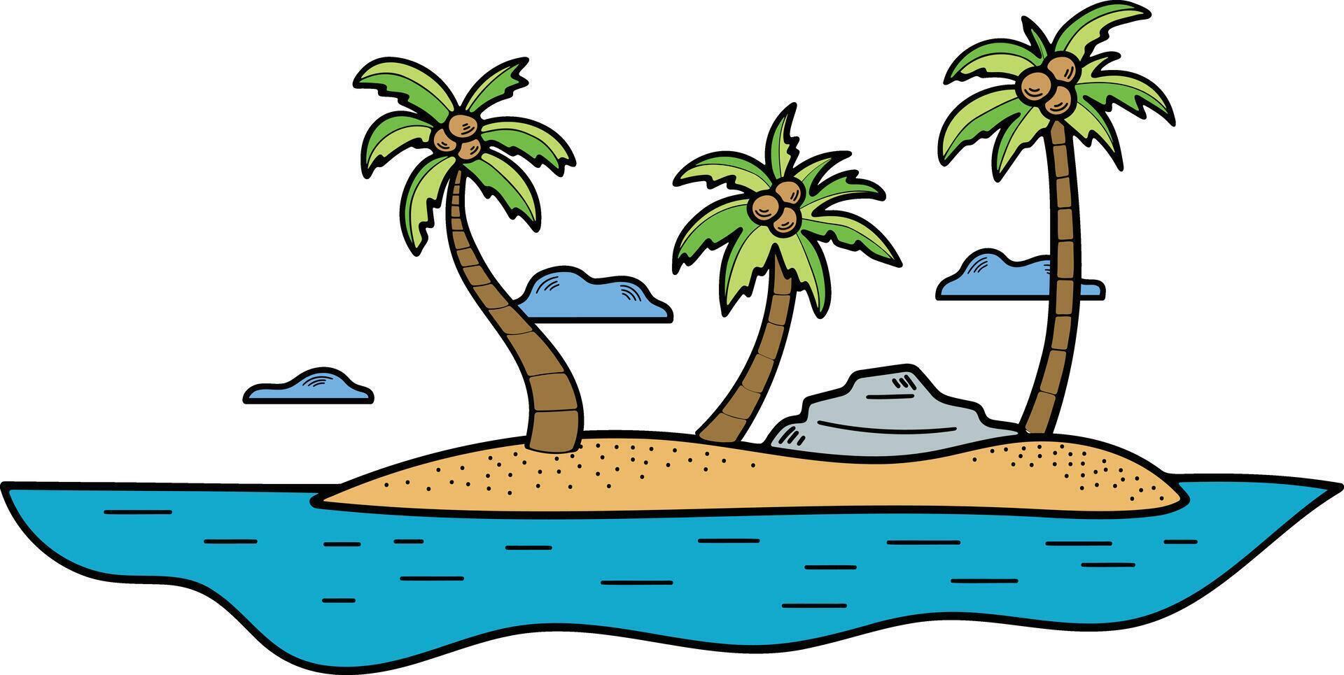 hand dragen kokos träd i de mitten av de hav i platt stil vektor