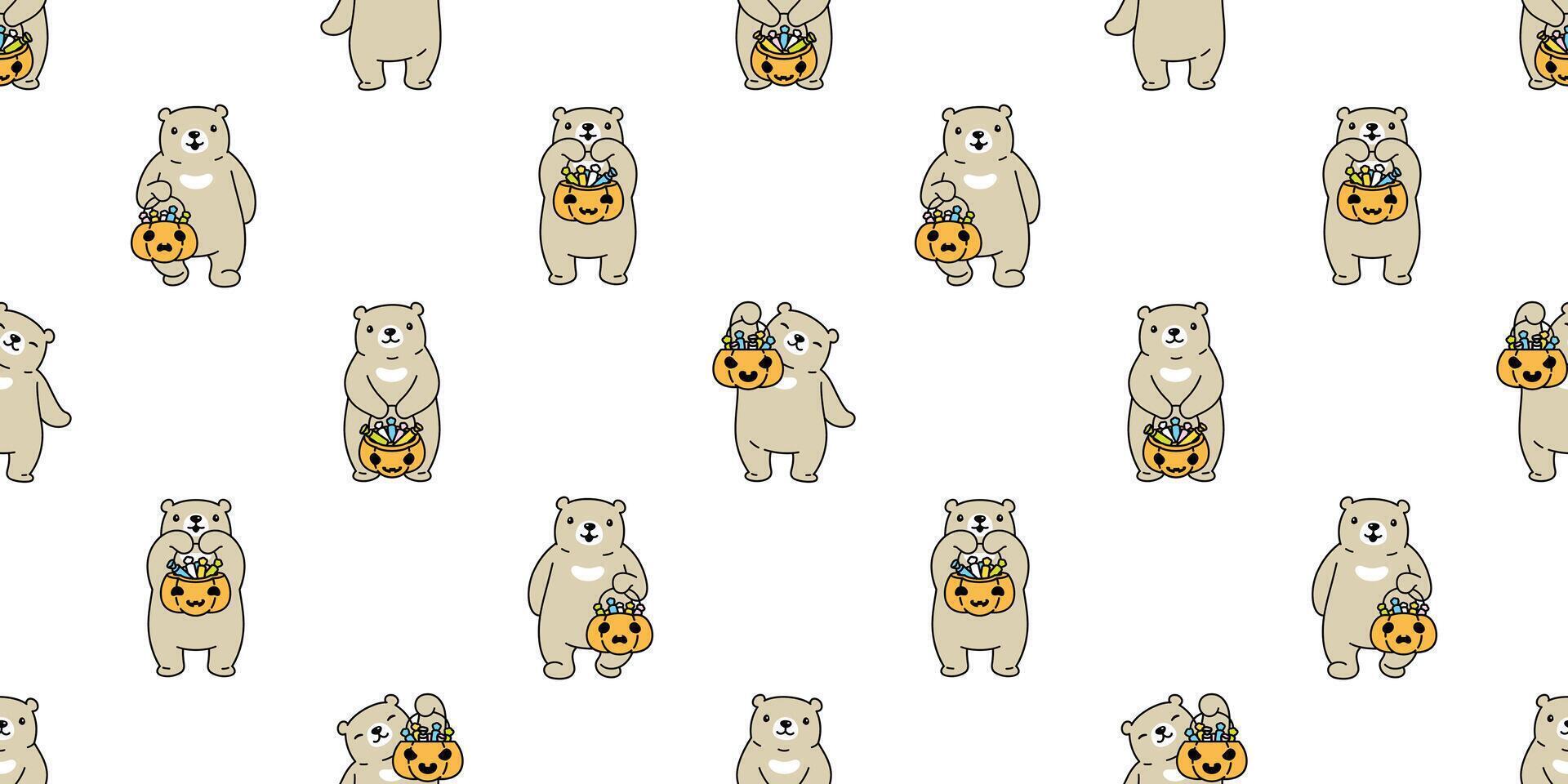 Björn sömlös mönster halloween pumpa polär Björn godis korg vektor upprepa tapet spöke scarf isolerat bricka bakgrund tecknad serie karaktär klotter illustration design