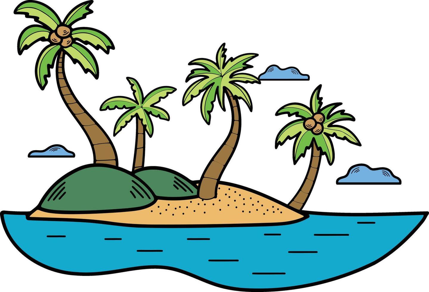 Hand gezeichnet Kokosnuss Baum im das Mitte von das Meer im eben Stil vektor