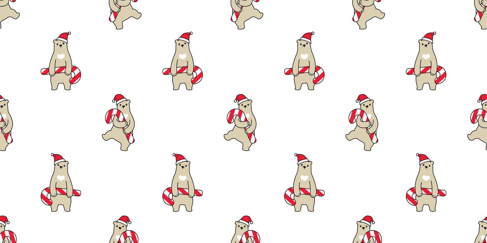 Bär nahtlos Muster Weihnachten Polar- Vektor Santa claus Hut Süßigkeiten Stock wiederholen Hintergrund Teddy Schal isoliert Karikatur Fliese Hintergrund Illustration Gekritzel Design