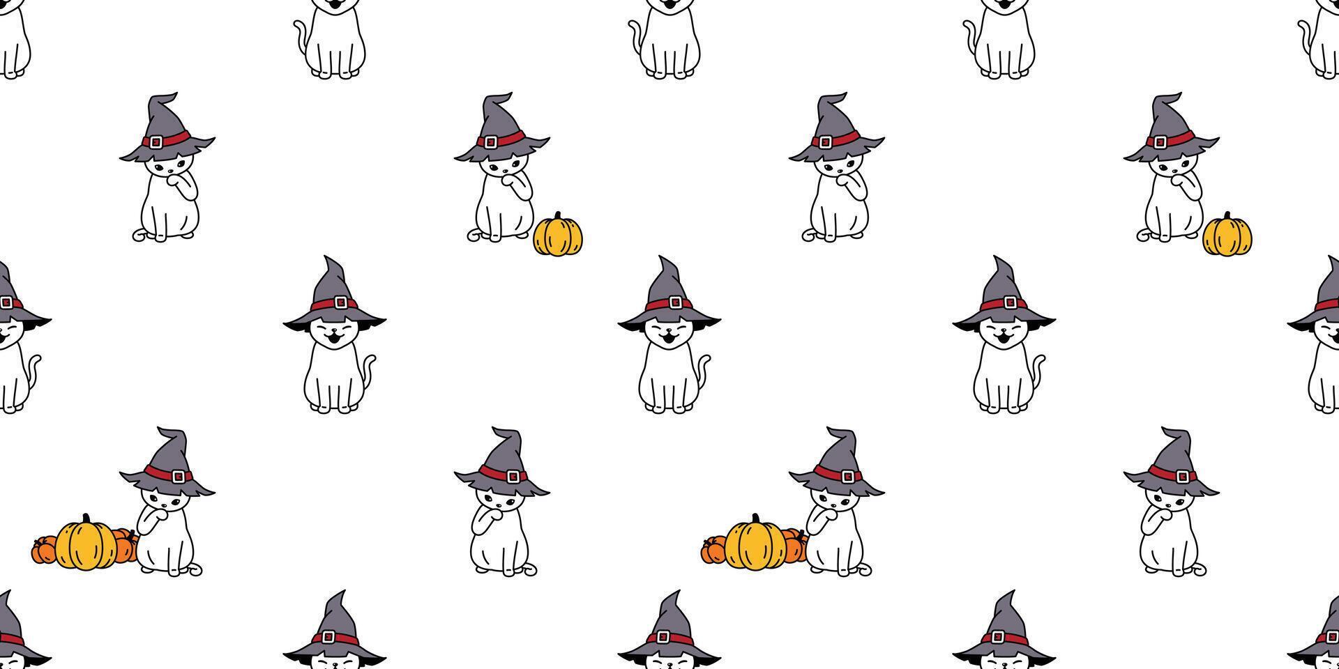 Katze nahtlos Muster Halloween Kürbis Hexe Hut Kätzchen Vektor Kattun Karikatur wiederholen Hintergrund Schal isoliert Fliese Hintergrund Charakter Gekritzel Illustration Design