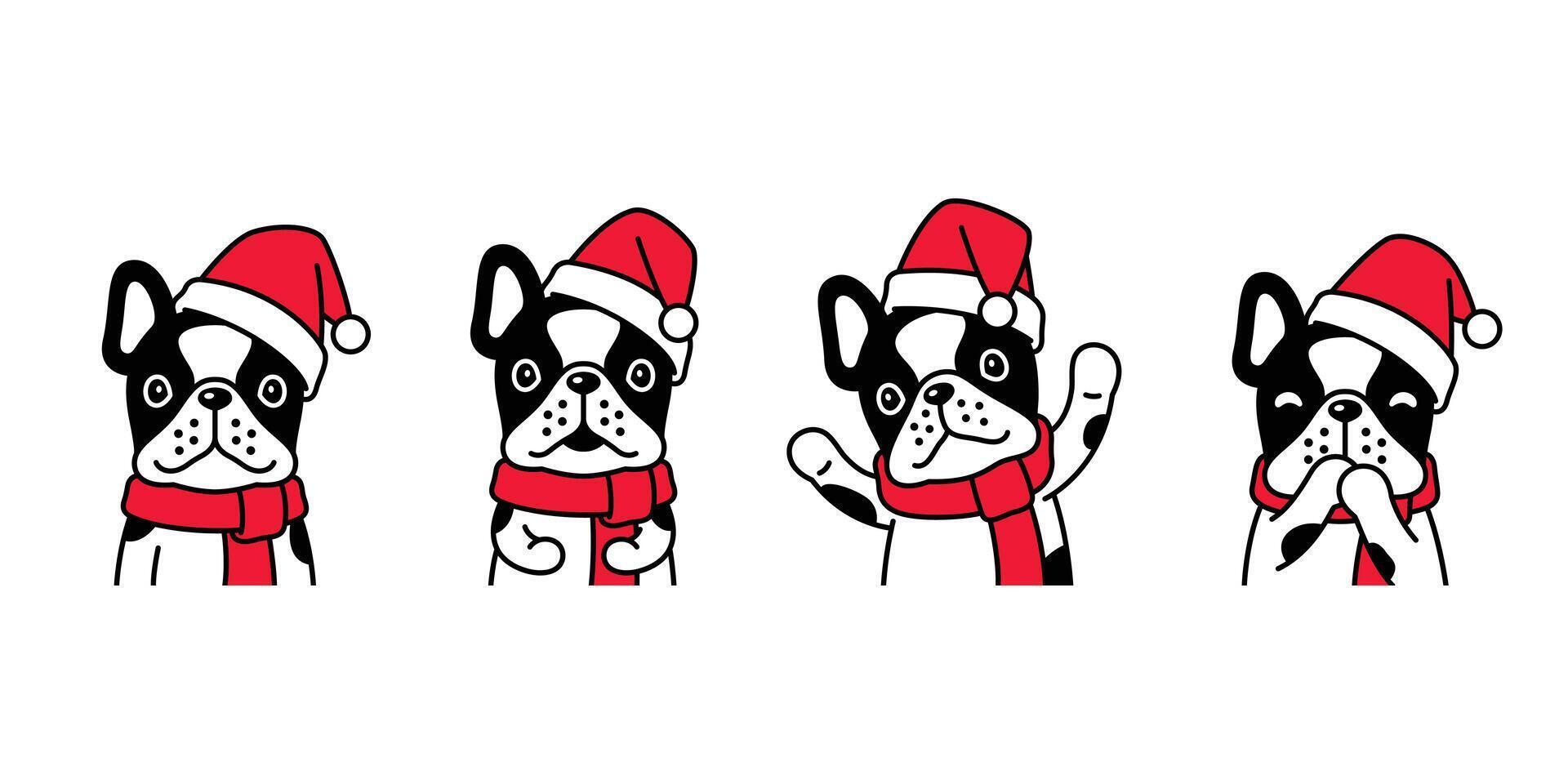 hund vektor jul franska bulldogg santa claus hatt valp sällskapsdjur ikon tecknad serie karaktär symbol scarf illustration design