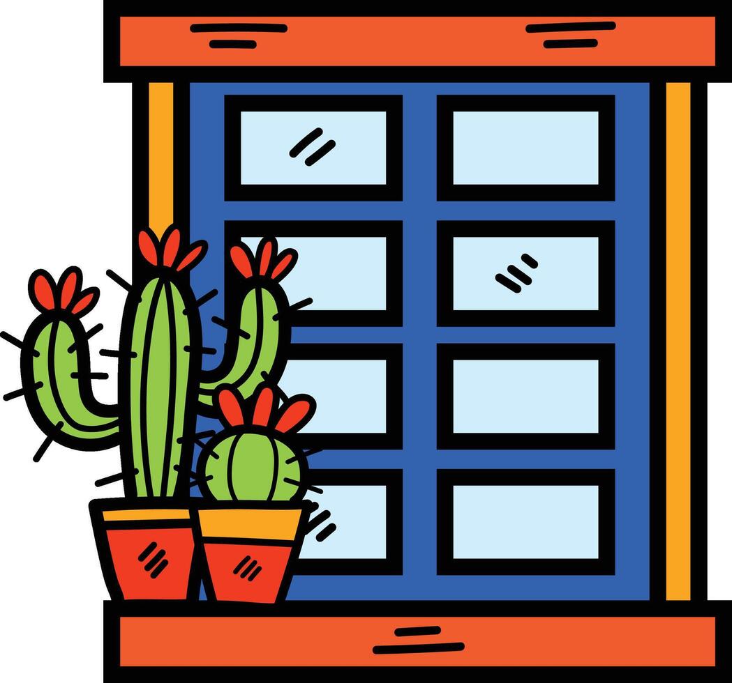 hand dragen fönster och kaktus i platt stil vektor