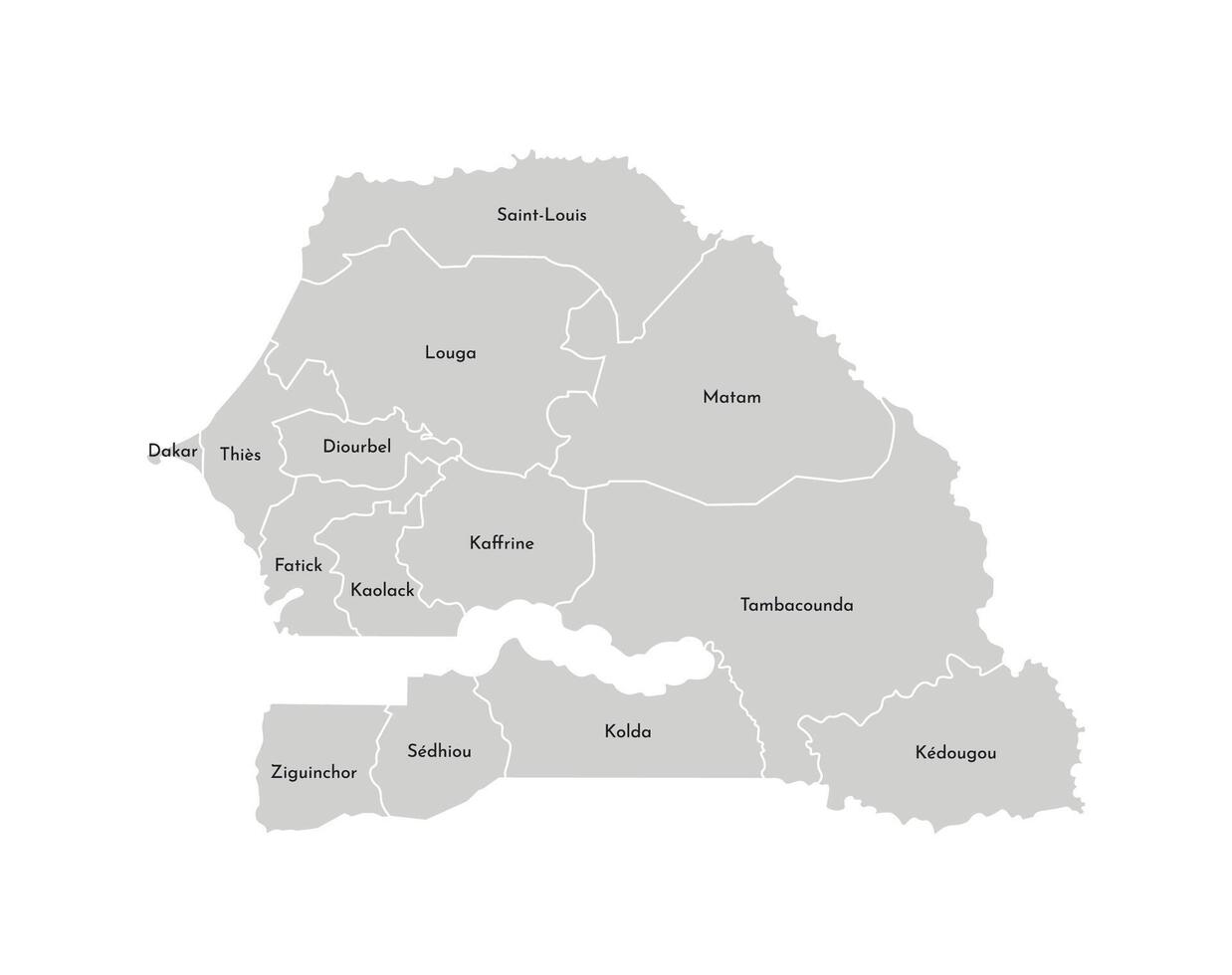 Vektor isoliert Illustration von vereinfacht administrative Karte von Senegal. Grenzen und Namen von das Regionen. grau Silhouetten. Weiß Gliederung