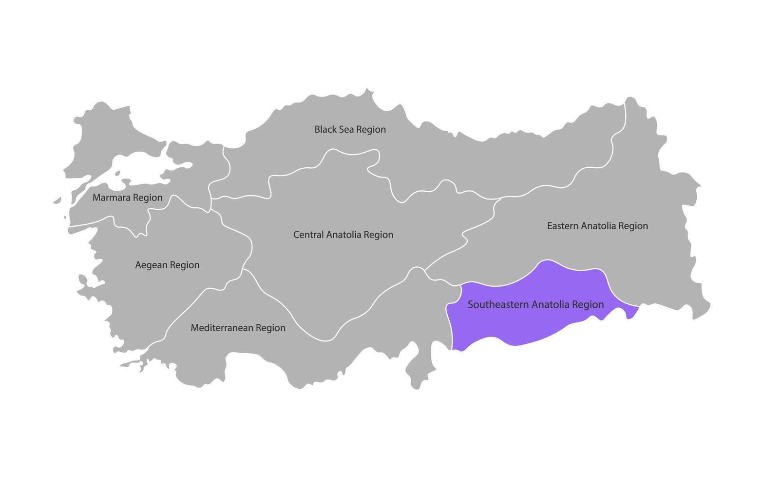 Vektor isoliert vereinfacht Karte von Truthahn Regionen. markiert südöstlich Anatolien Region. Grenzen und Namen von administrative Abteilungen. grau Silhouetten, Weiß Hintergrund