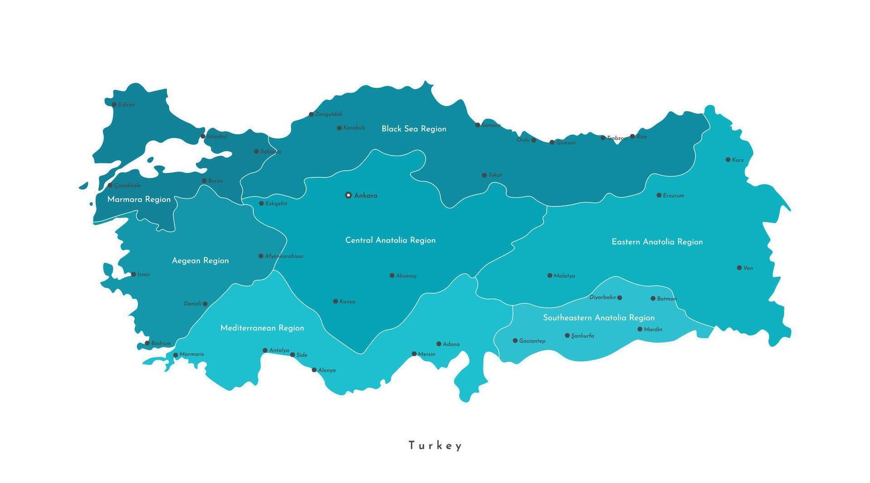 vektor isolerat färgrik illustration. förenklad administrativ geografisk Karta av Kalkon. namn av turkiska städer och område. vit bakgrund.