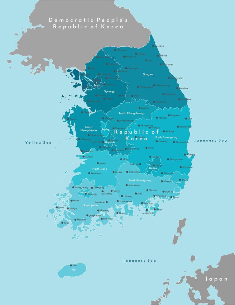 Vektor modern Illustration. vereinfacht geografisch Karte von Süd Korea, Republik von Korea mit Norden Korea auf Grenze. Blau Hintergrund von Gelb Meer und japanisch Meer. Namen von Städte und Provinzen