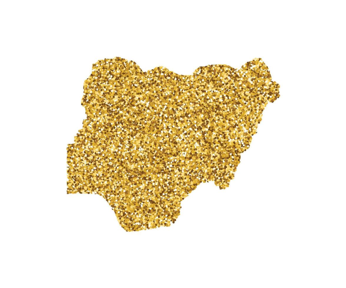 Vektor isoliert Illustration mit vereinfacht Nigeria Karte. dekoriert durch glänzend Gold funkeln Textur. Neu Jahr und Weihnachten Ferien Dekoration zum Gruß Karte.