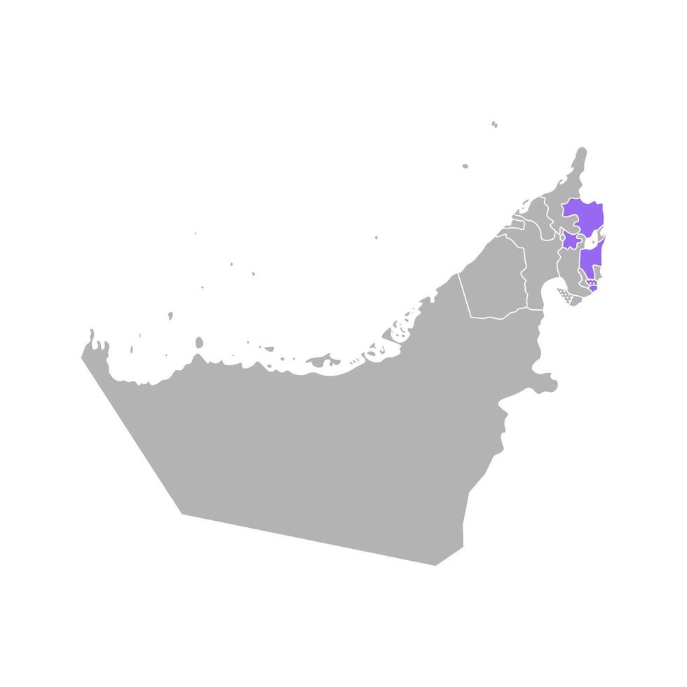 Vektor isoliert vereinfacht bunt Illustration mit grau Silhouette von vereinigt arabisch Emirate, Vereinigte Arabische Emirate, violett Kontur von Fujairah Region und Weiß Gliederung von Emirate Grenzen. Weiß Hintergrund