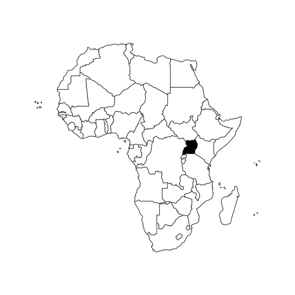 Vektor isoliert Illustration mit afrikanisch Kontinent mit Grenzen von alle Zustände. schwarz Gliederung politisch Karte Uganda. Weiß Hintergrund.