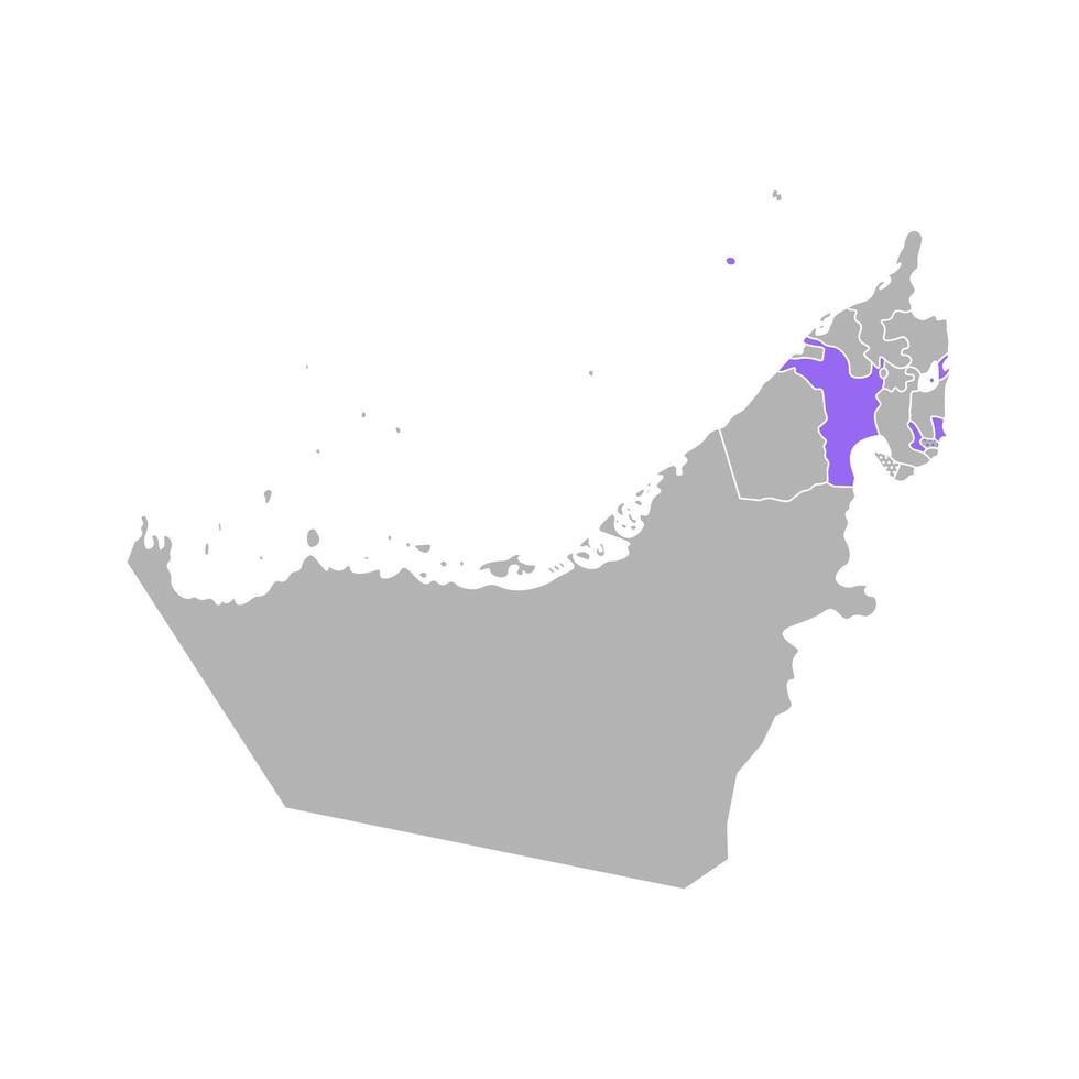 Vektor isoliert vereinfacht bunt Illustration mit grau Silhouette von vereinigt arabisch Emirate, Vereinigte Arabische Emirate, violett Kontur von Sharjah Region und Weiß Gliederung von Emirate Grenzen. Weiß Hintergrund