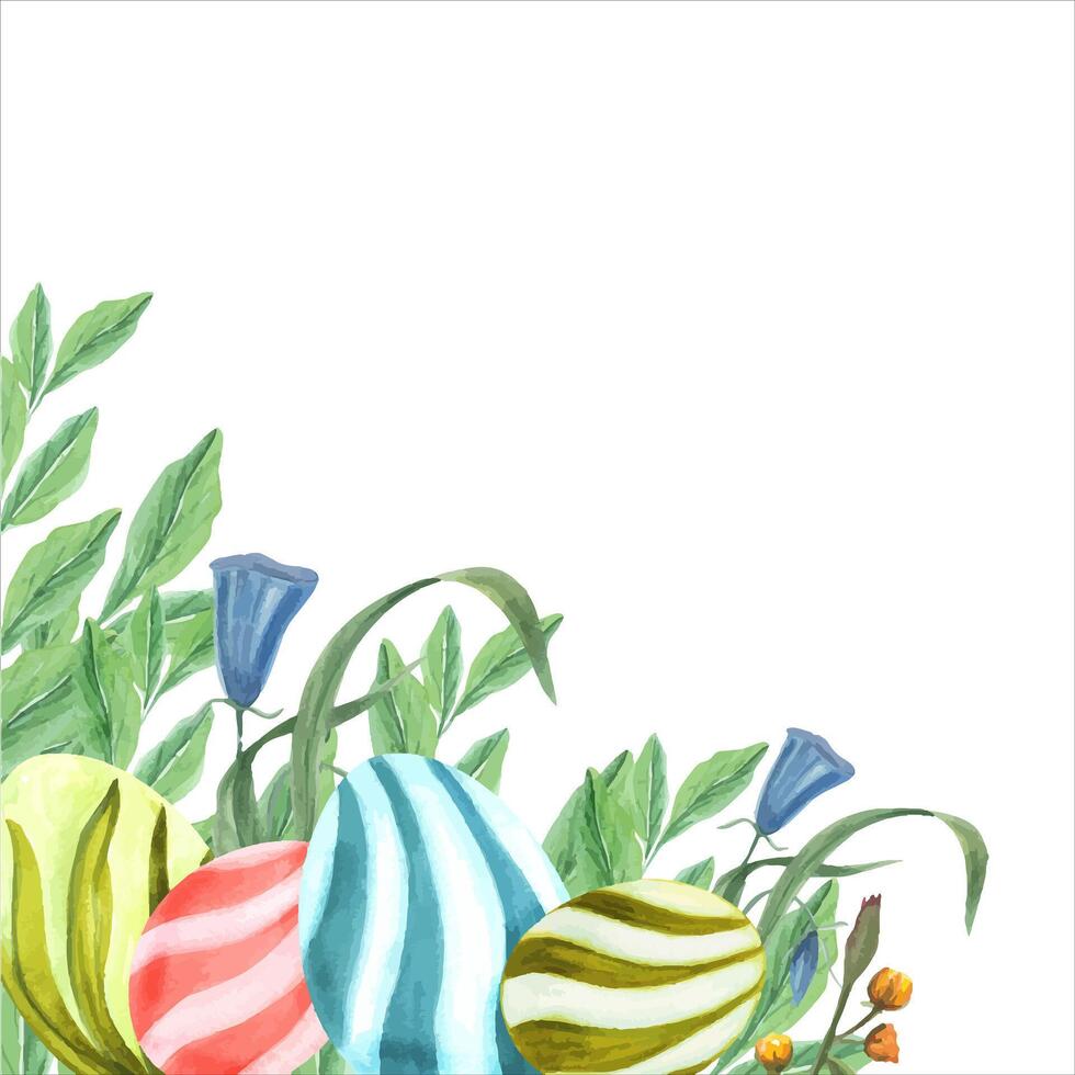 vattenfärg påsk ägg och löv. hand dragen målning för vykort design, mall, dekor, skriva ut, tapet, förpackning papper vektor