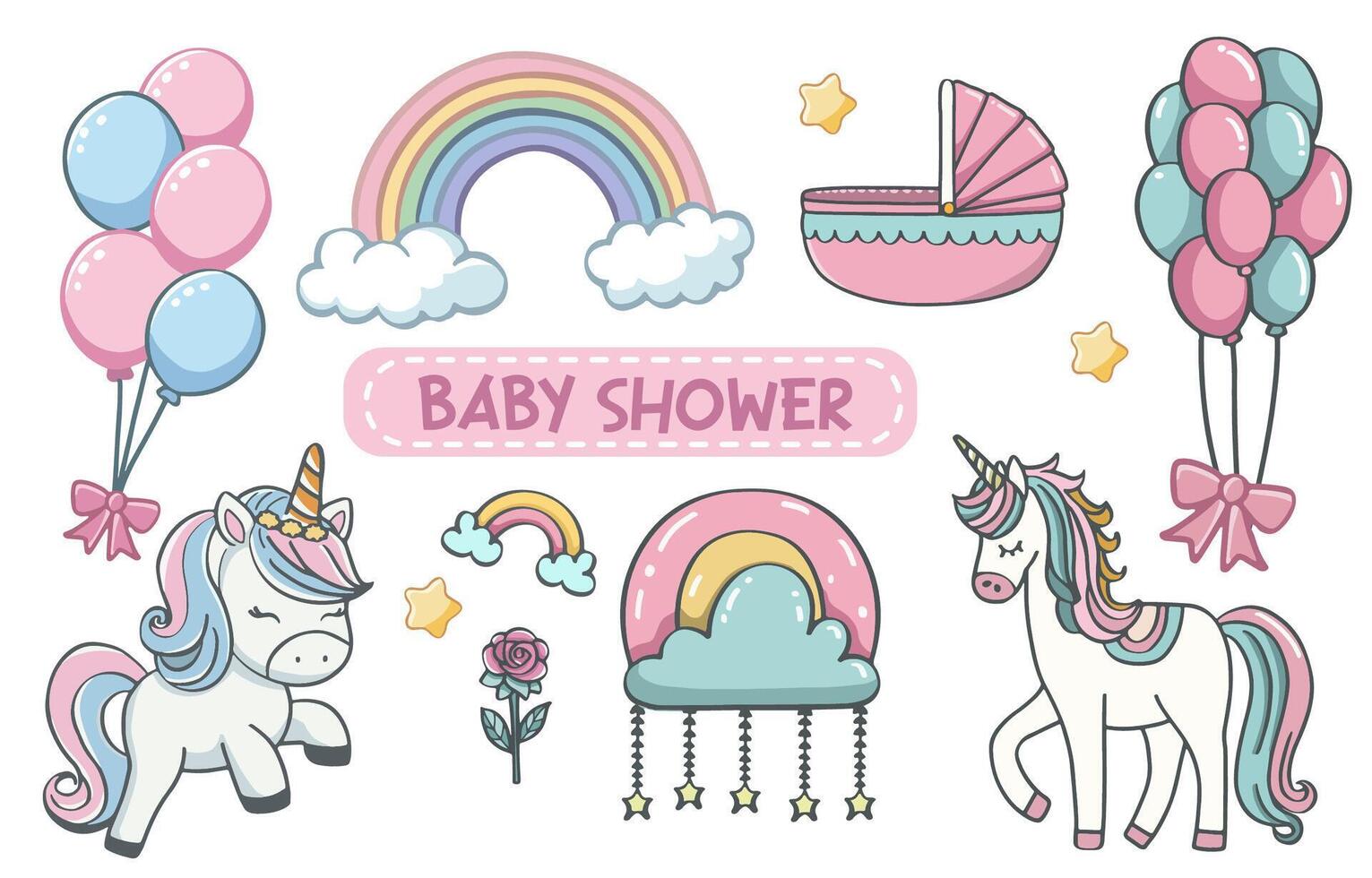 Baby Mädchen Dusche mit Kinderwagen, Luftballons und Regenbogen im Rosa Farben Karte. Einladung Vorlage Vektor Illustration.