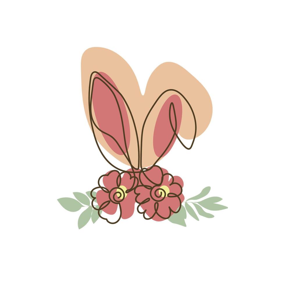 einer Linie Kunst Zeichnung von süß Kaninchen Ohr Porträt mit Blume. Ostern Tag Konzept Symbol. isoliert auf ein Weiß Hintergrund. Vektor Illustration.