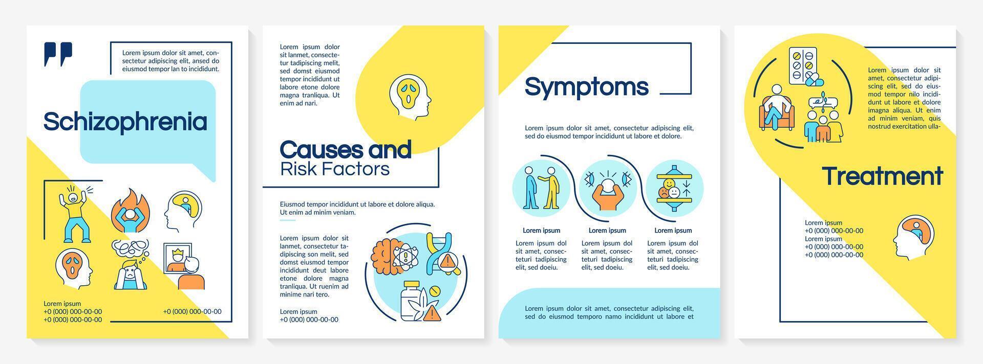 Schizophrenie Blau und Gelb Broschüre Vorlage. Flugblatt Design mit linear Symbole. Symptome, Behandlung. editierbar 4 Vektor Layouts zum Präsentation, jährlich Berichte