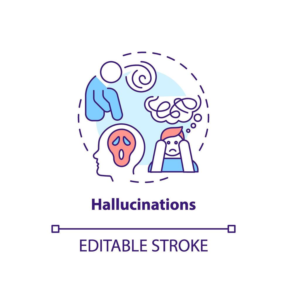 hallucination, neurologi sjukdom mång Färg begrepp ikon. uppfattning sjukdom. runda form linje illustration. abstrakt aning. grafisk design. lätt till använda sig av i infografik, presentation, broschyr, häfte vektor