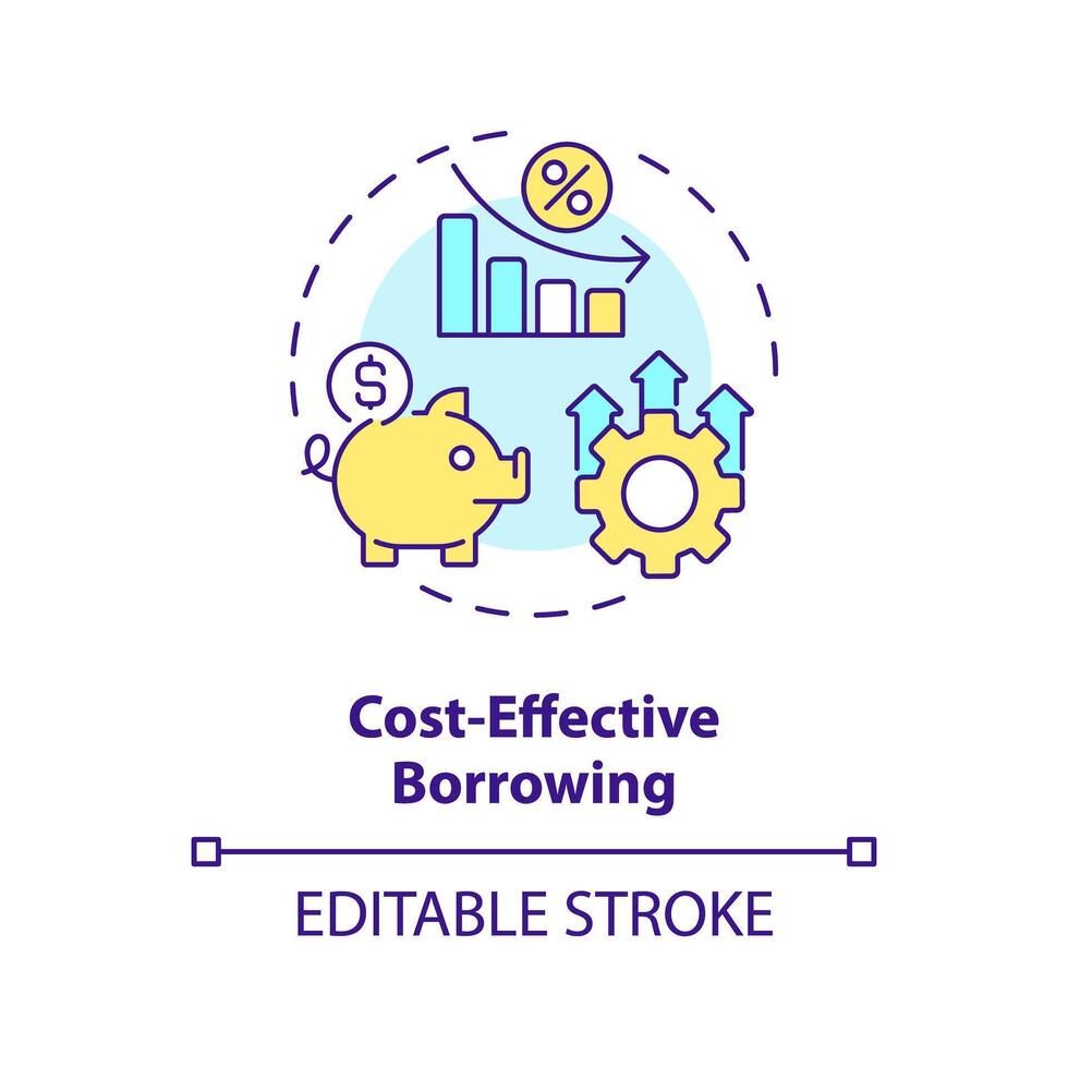 kosteneffizient Ausleihen multi Farbe Konzept Symbol. niedriger Interesse Preise zum Darlehen. Akkumulation. Finanzen Aufladung. runden gestalten Linie Illustration. abstrakt Idee. Grafik Design. einfach zu verwenden im Marketing vektor