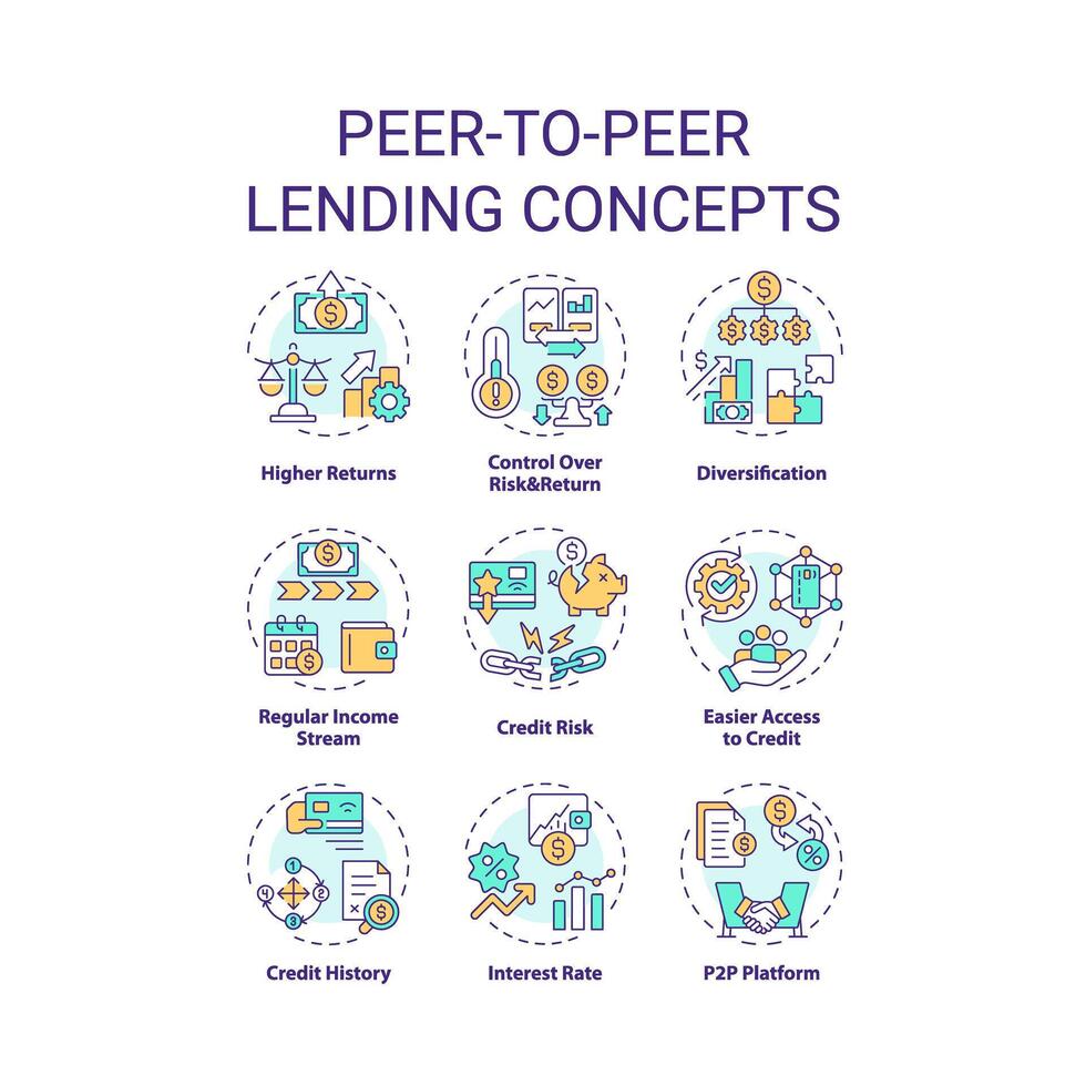 Peer-To-Peer Kreditvergabe multi Farbe Konzept Symbole. Ausleihen und Kreditvergabe Geld. Investition. verbinden Kreditnehmer mit Investoren. Symbol Pack. Vektor Bilder. runden gestalten Illustrationen. abstrakt Idee