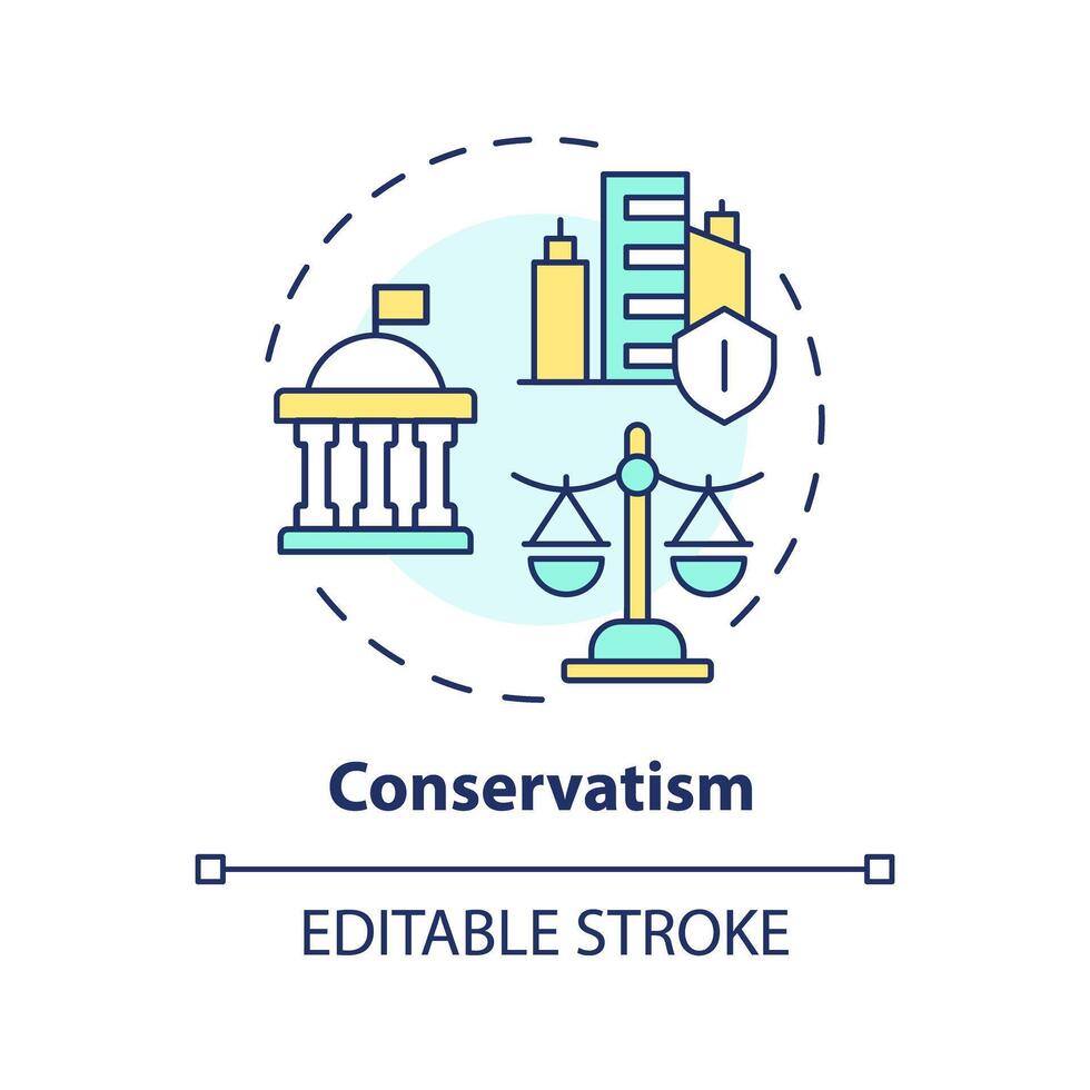 Konservatismus Ideologie multi Farbe Konzept Symbol. politisch Idee, Wirtschaft Verordnung. traditionell Werte, kostenlos Markt. runden gestalten Linie Illustration. abstrakt Idee. Grafik Design. einfach zu verwenden vektor