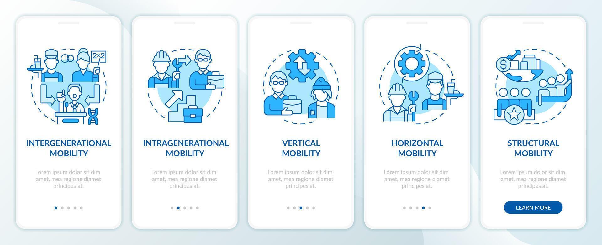 Muster von Sozial Mobilität Blau Onboarding Handy, Mobiltelefon App Bildschirm. Komplettlösung 5 Schritte editierbar Grafik Anleitung mit linear Konzepte. ui, ux, gui Vorlage vektor